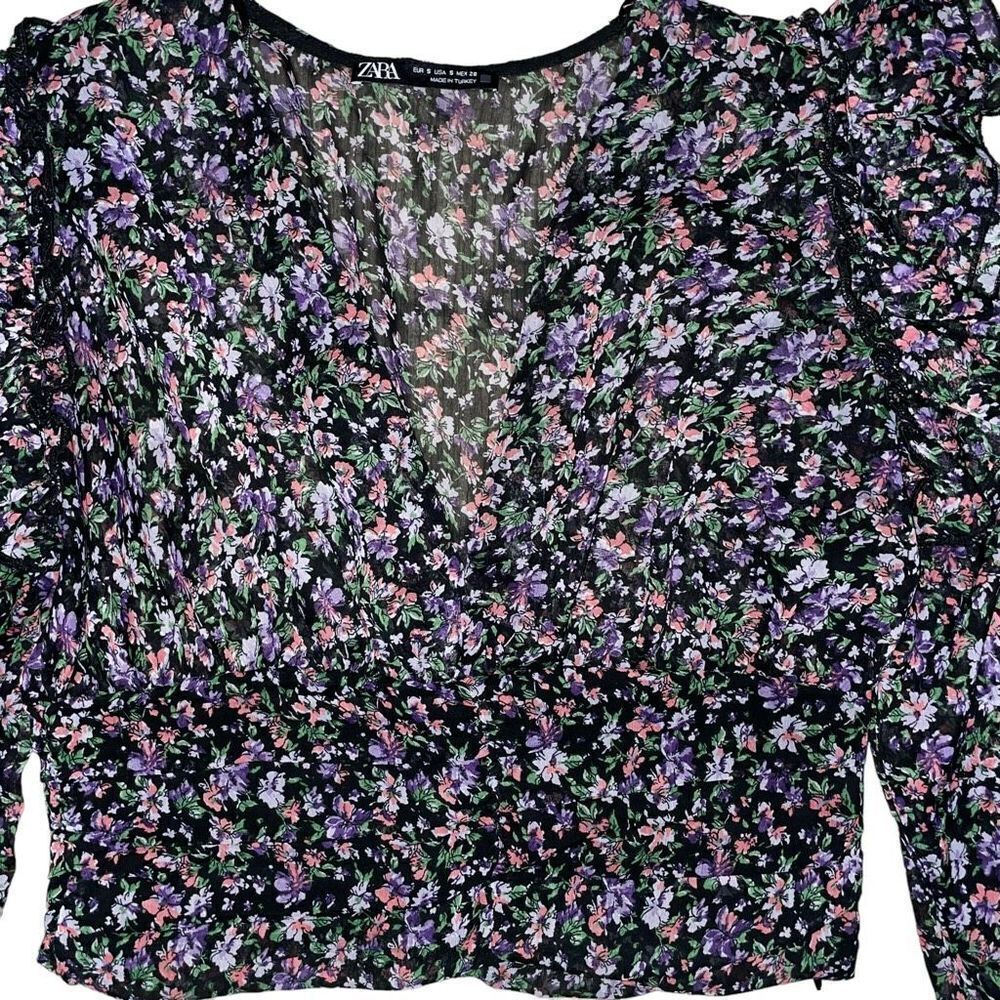 Zara Cropped Blouse Floral Long Sleeve Ruffle V Neck Small - Picture 4 of 7